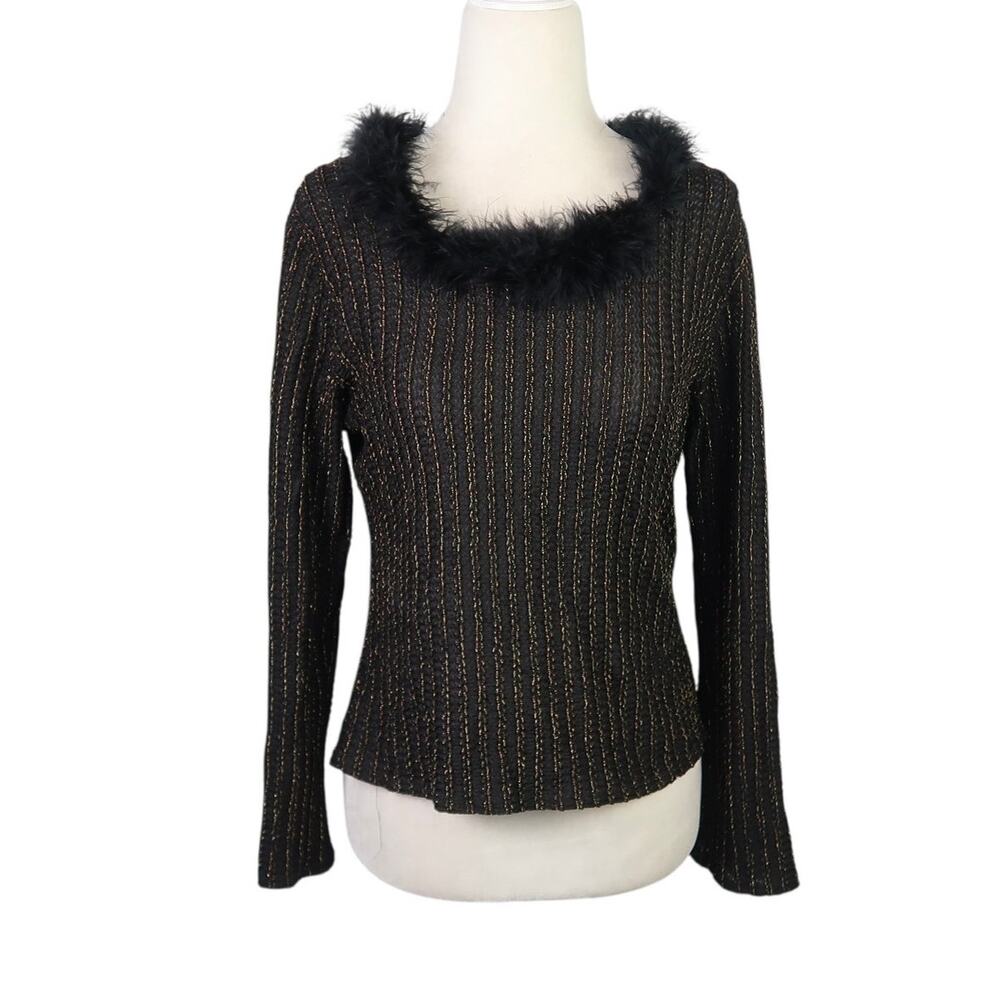 Vintage 90s Topaz Black w/ Gold Lurex Stripe Knit Sweater Feather Trim